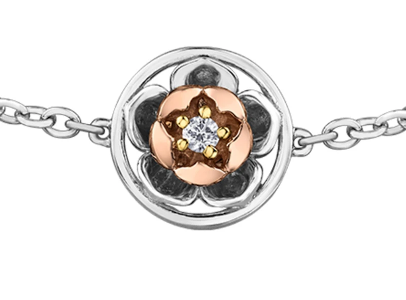 14K White & Rose Gold 0.04cttw Nunavut Purple Saxifrage Provincial Flower Diamond Bracelet