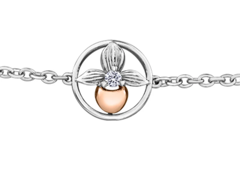 14K White & Rose Gold 0.04cttw Prince Edward Island Lady's Slipper Provincial Flower Diamond Bracelet