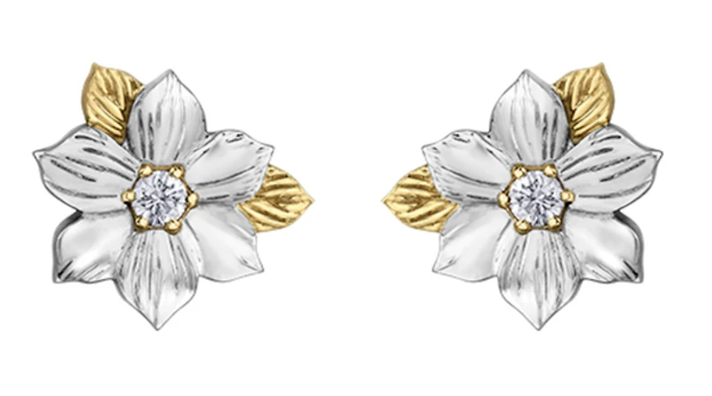 14K White and Yellow Gold 0.12cttw British Columbia Provincial Flower Diamond Stud Earrings