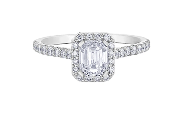 18K White Gold & Palladium Alloy (hypoallergenic) 1.47cttw Canadian Emerald Cut Diamond Engagement Ring