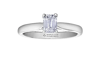 18K White Gold & Palladium Alloy (hypoallergenic) 0.73cttw Emerald Cut Canadian Diamond Engagement Ring