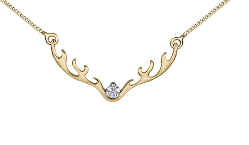 10K Yellow Gold 0.04cttw Diamond Antler Pendant, 18"
