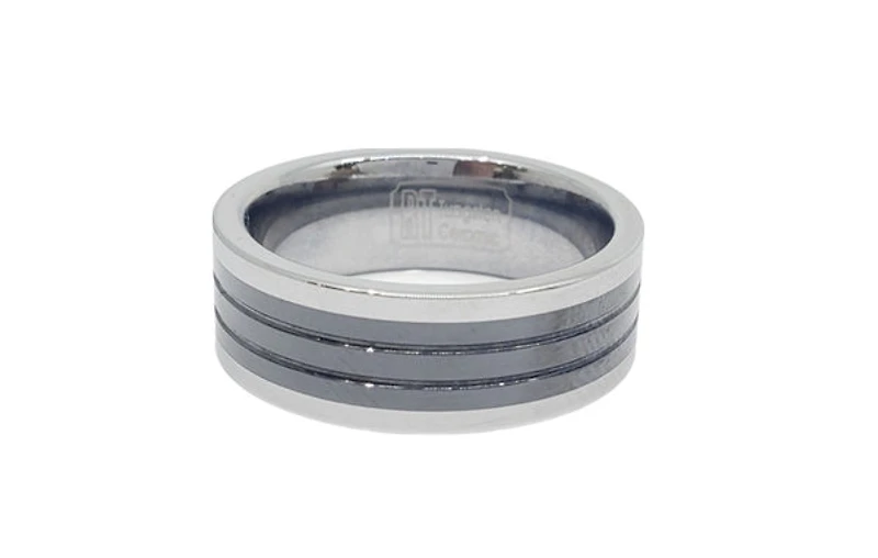 Tungsten Ceramic Triple Black Lined with Silver Edges LIMITED EDITION Ring - Size 10