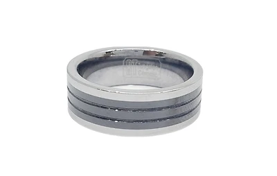 Tungsten Ceramic Triple Black Lined with Silver Edges LIMITED EDITION Ring - Size 10