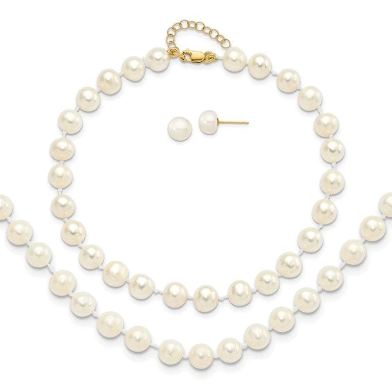 14k 6-7mm Fresh Water Cultured Pearl 7.25" with 1" Extender Bracelet 18" with 2" Extender Necklace and Earring Set