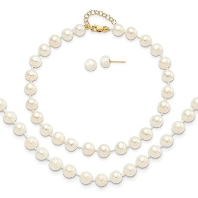 14k 6-7mm Fresh Water Cultured Pearl 7.25" with 1" Extender Bracelet 18" with 2" Extender Necklace and Earring Set