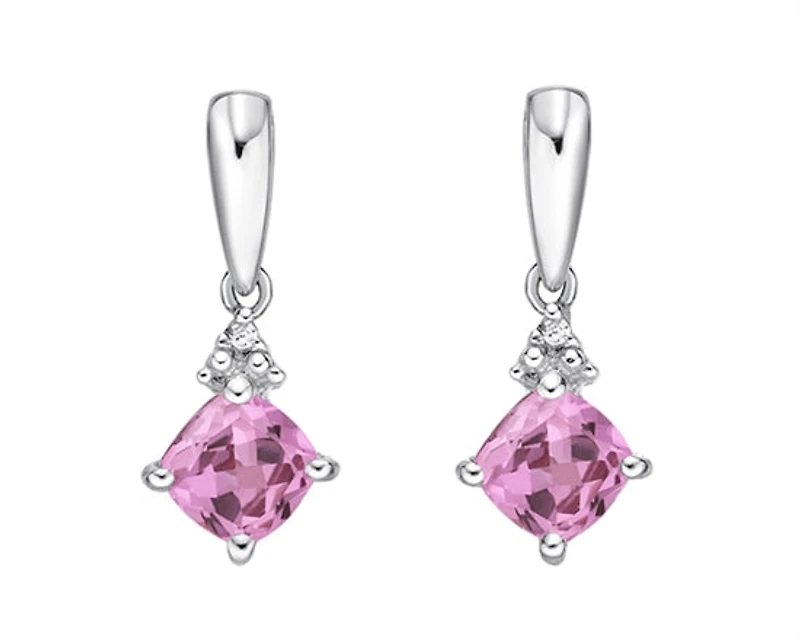 10K White Gold 5mm Princess Cut Created Pink Sapphire and 0.012cttw Diamond Dangle Earrings with Butterfly Backings