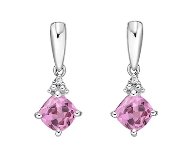 10K White Gold 5mm Princess Cut Created Pink Sapphire and 0.012cttw Diamond Dangle Earrings with Butterfly Backings