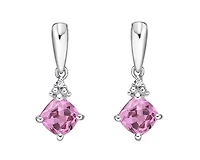 10K White Gold 5mm Princess Cut Created Pink Sapphire and 0.012cttw Diamond Dangle Earrings with Butterfly Backings
