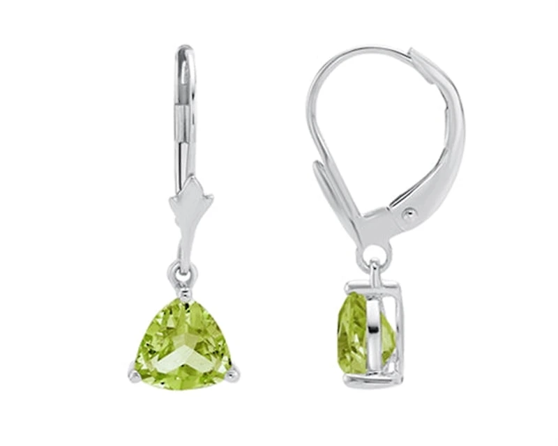 10K White Gold Trillion Cut Peridot Dangle Earrings with Euro Backs