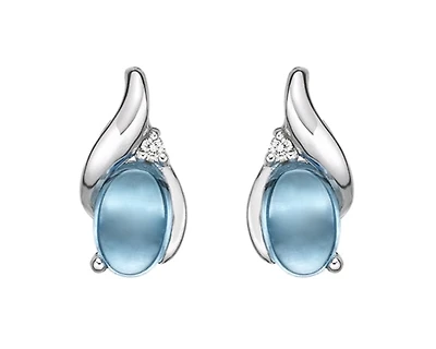 10K White Gold 6x4mm Oval Cabochon Cut Swiss Blue Topaz and 0.02cttw Diamond Earrings