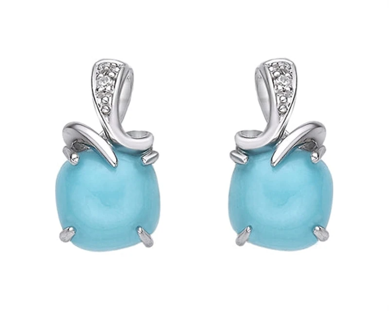 10K White Gold 6mm Cushion Cut Turquoise and 0.01cttw Diamond Earrings with Butterfly Backings