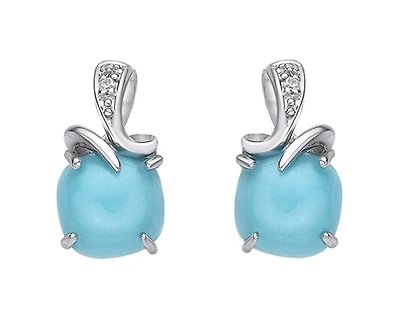 10K White Gold 6mm Cushion Cut Turquoise and 0.01cttw Diamond Earrings with Butterfly Backings