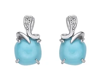 10K White Gold 6mm Cushion Cut Turquoise and 0.01cttw Diamond Earrings with Butterfly Backings