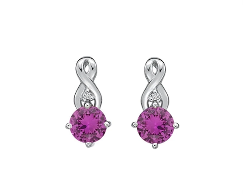 10K White Gold 5mm Round Cut Created Pink Sapphire and 0.012cttw Diamond Earrings with Butterfly Backings