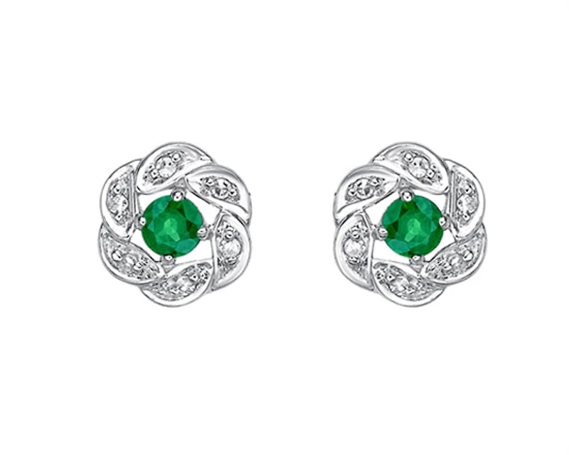 10K White Gold 2.80mm Round Cut Emerald and 0.05cttw Diamond Halo Stud Earrings with Butterfly Backings