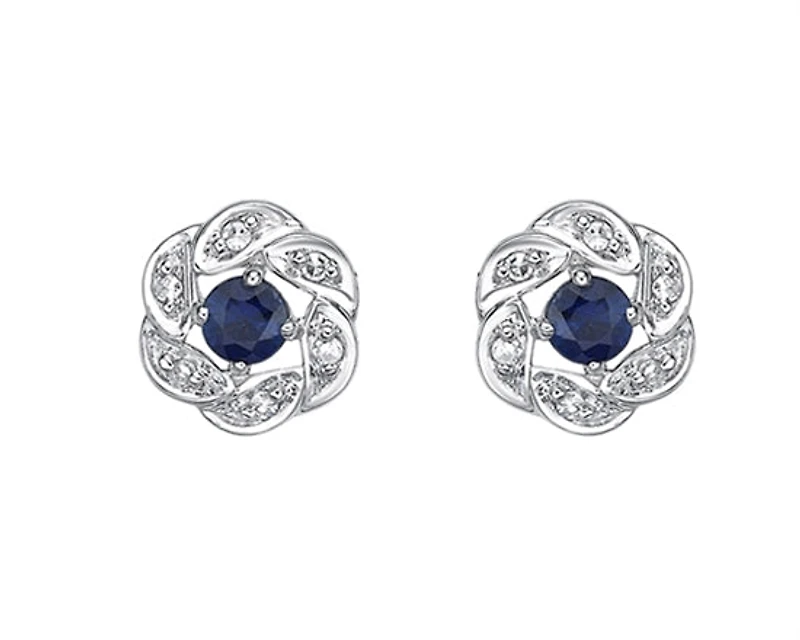 10K White Gold 2.80mm Round Cut Sapphire and 0.05cttw Diamond Halo Stud Earrings with Butterfly Backings