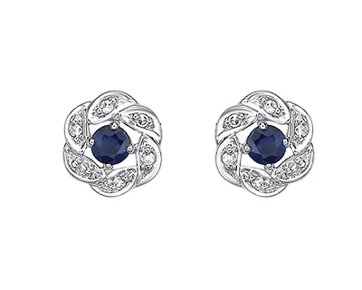 10K White Gold 2.80mm Round Cut Sapphire and 0.05cttw Diamond Halo Stud Earrings with Butterfly Backings