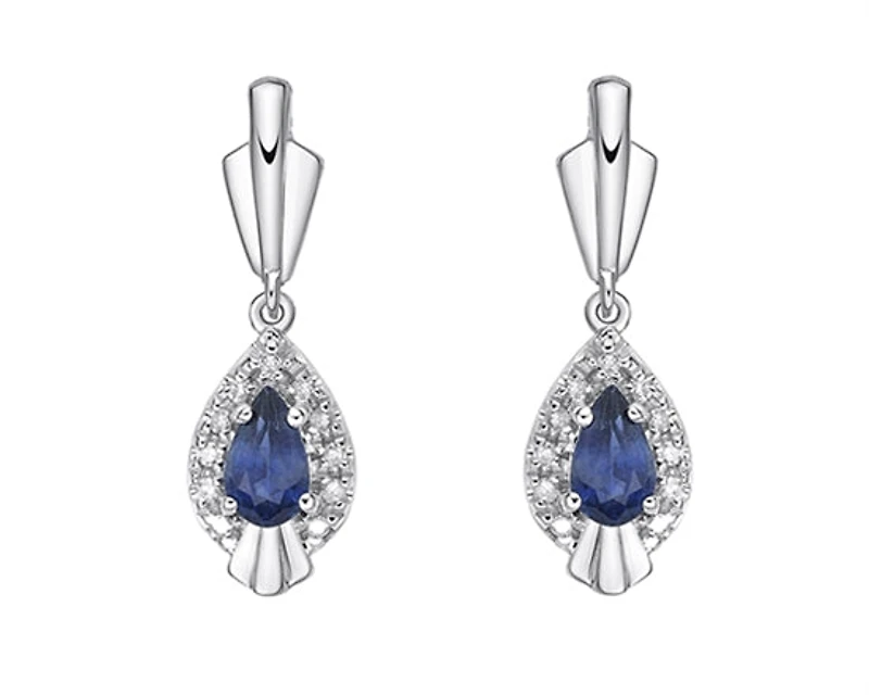 10K White Gold 5x3mm Pear Cut Sapphire and 0.065cttw Diamond Dangle Earrings with Butterfly Backings