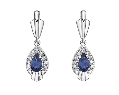 10K White Gold 5x3mm Pear Cut Sapphire and 0.065cttw Diamond Dangle Earrings with Butterfly Backings