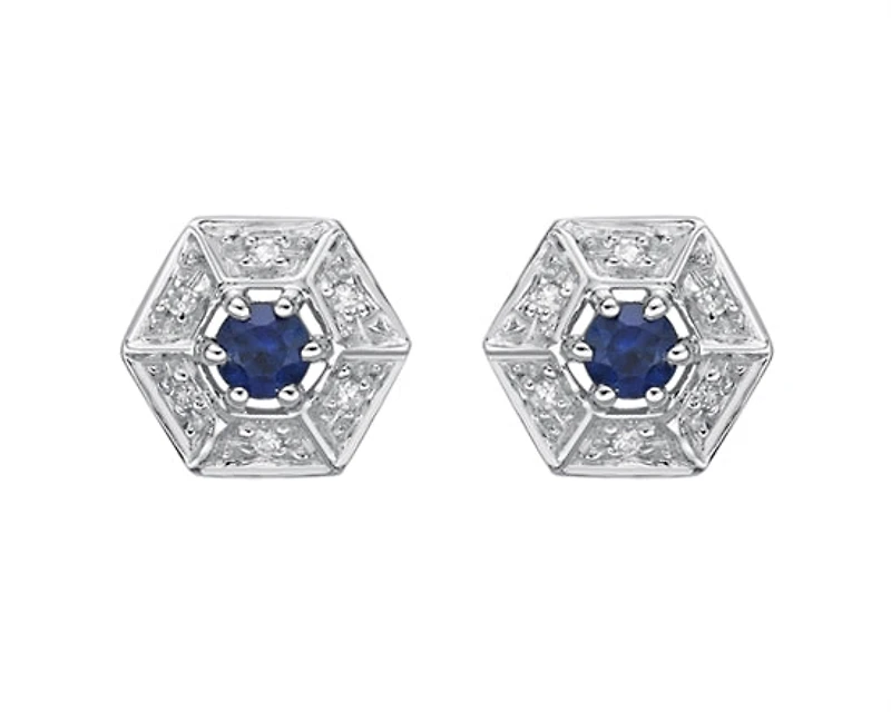10K White Gold 3.00mm Round Cut Sapphire and 0.05cttw Diamond Halo Stud Earrings with Butterfly Backings