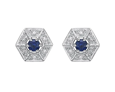 10K White Gold 3.00mm Round Cut Sapphire and 0.05cttw Diamond Halo Stud Earrings with Butterfly Backings