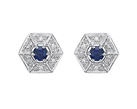 10K White Gold 3.00mm Round Cut Sapphire and 0.05cttw Diamond Halo Stud Earrings with Butterfly Backings