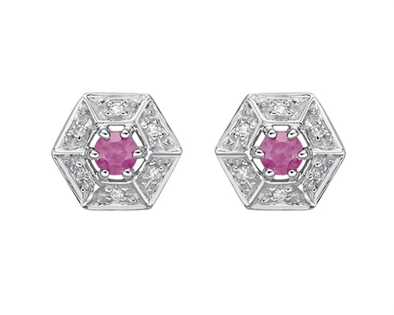 10K White Gold 3mm Round Cut Pink Sapphire and 0.05cttw Diamond Halo Stud Earrings with Butterfly Backings