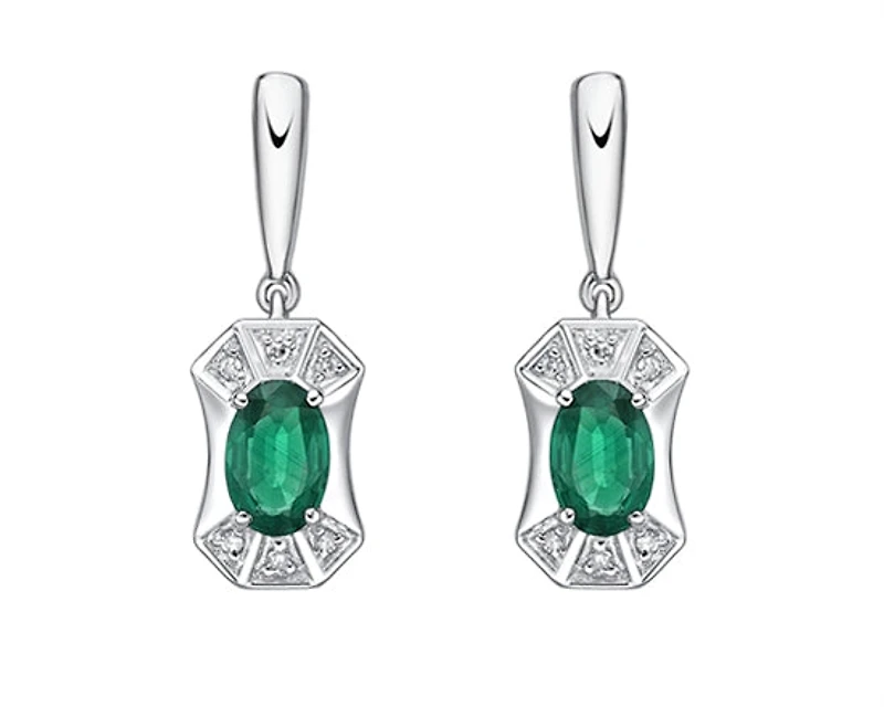 10K White Gold 5x3mm Oval Cut Emerald and 0.04cttw Diamond Dangle Earrings with Butterfly Backings