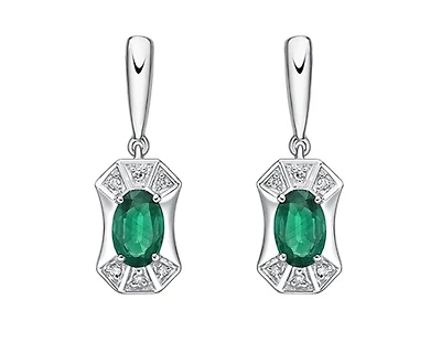 10K White Gold 5x3mm Oval Cut Emerald and 0.04cttw Diamond Dangle Earrings with Butterfly Backings