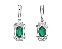 10K White Gold 5x3mm Oval Cut Emerald and 0.04cttw Diamond Dangle Earrings with Butterfly Backings