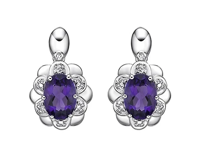 10K White Gold 6x4mm Oval Cut Amethyst and 0.04cttw Diamond Slight Drop Earrings with Butterfly Backs