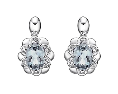 10K White Gold 6x4mm Aquamarine and 0.04cttw Diamond Earrings