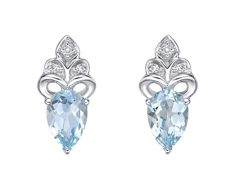 10K White Gold 6x4mm Pear Cut Swiss Blue Topaz and 0.03cttw Diamond Earrings