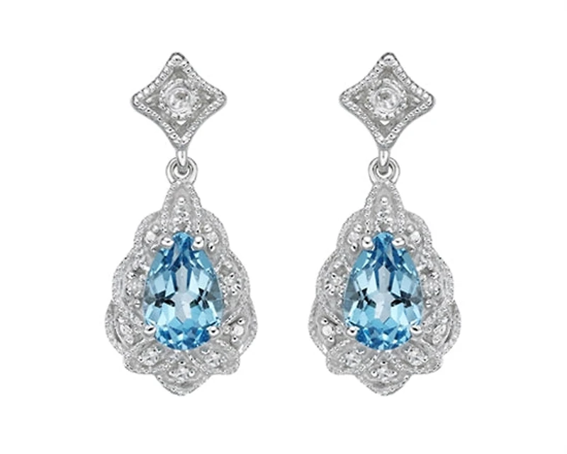 10K White Gold 6x4mm Pear Cut Swiss Blue Topaz and 0.05cttw Diamond Dangle Earrings