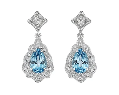 10K White Gold 6x4mm Pear Cut Swiss Blue Topaz and 0.05cttw Diamond Dangle Earrings