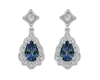 10K White Gold 6x4mm Pear Cut Created Alexandrite and 0.05cttw Diamond Scalloped Halo Dangle Earrings with Butterfly Backings