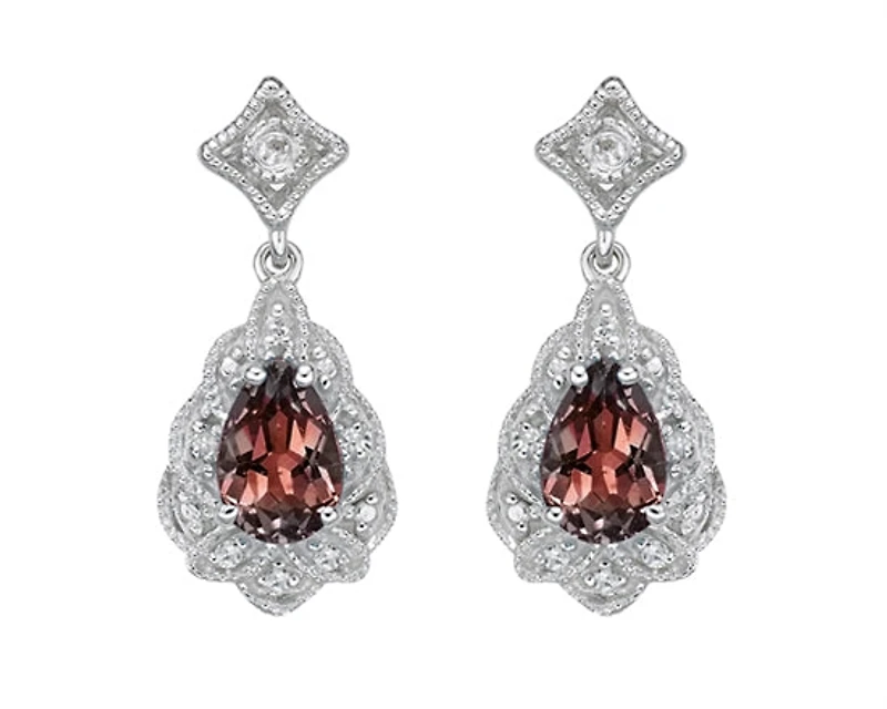 10K White Gold 6x4mm Pear Cut Garnet and 0.05cttw Diamond Scallop Halo Dangle Earrings with Butterfly Backings