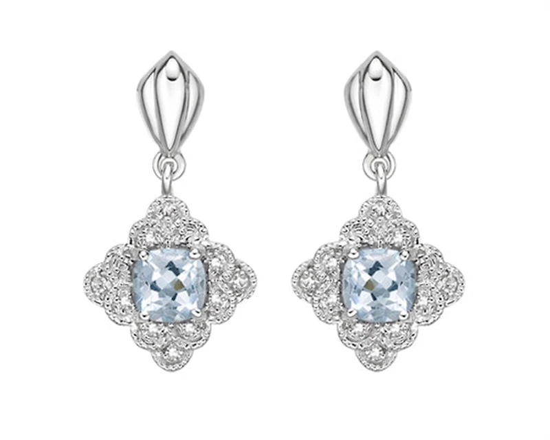10K White Gold 4.0mm Cushion Cut  Aquamarine and 0.03cttw Diamond Dangle Earrings