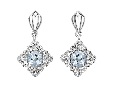 10K White Gold 4.0mm Cushion Cut  Aquamarine and 0.03cttw Diamond Dangle Earrings
