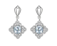 10K White Gold 4.0mm Cushion Cut  Aquamarine and 0.03cttw Diamond Dangle Earrings