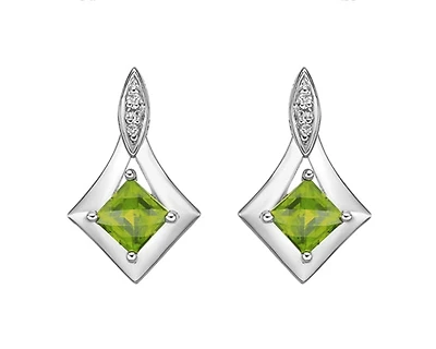 10K White Gold 4mm Princess Checkerboard Cut Peridot and 0.026cttw Diamond Dangle Earrings with Butterfly Backings