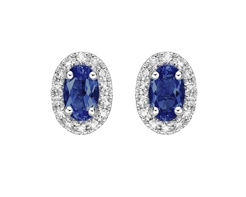 10K White Gold 5x3mm Oval Cut Sapphire and 0.11cttw Diamond Halo Stud Earrings with Butterfly Backings
