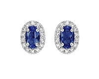 10K White Gold 5x3mm Oval Cut Sapphire and 0.11cttw Diamond Halo Stud Earrings with Butterfly Backings
