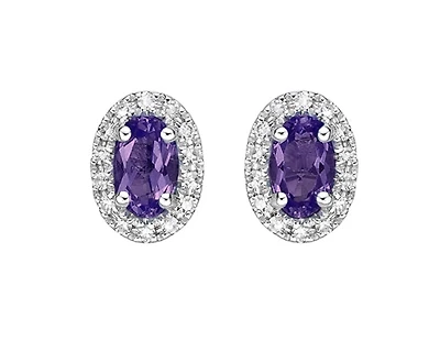 10K White Gold  Amethyst and 0.11cttw Diamond Halo Earrings with Butterfly Backs