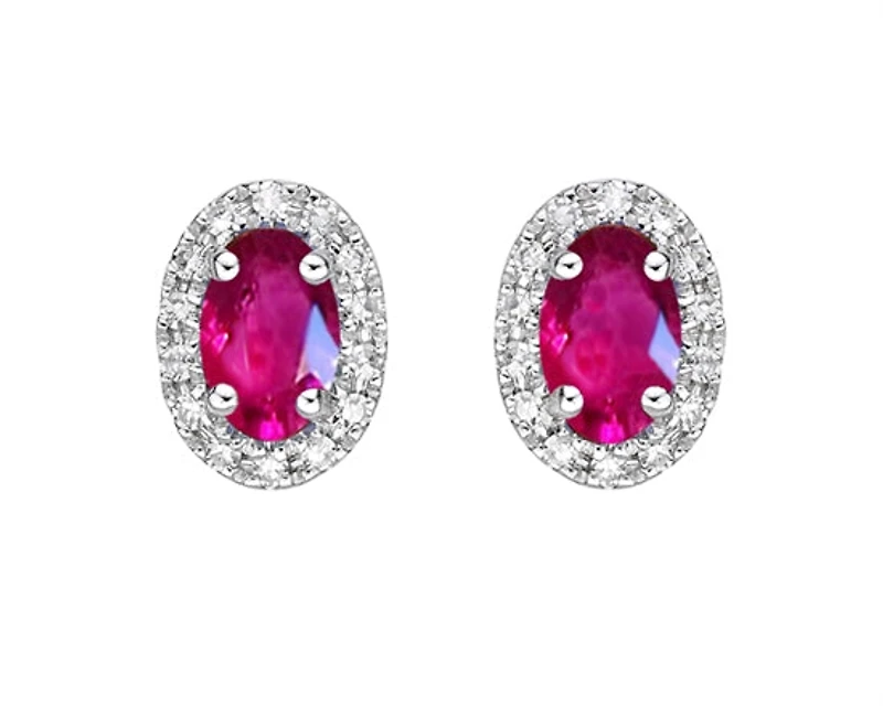10K White Gold 5x3mm Oval Cut Ruby and 0.11cttw Diamond Halo Stud Earrings with Butterfly Backings