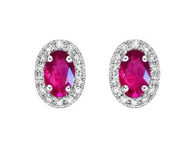10K White Gold 5x3mm Oval Cut Ruby and 0.11cttw Diamond Halo Stud Earrings with Butterfly Backings