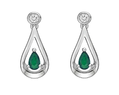 10K White Gold 5x3mm Pear Cut Emerald and 0.08cttw Diamond Dangle Earrings with Butterfly Backings