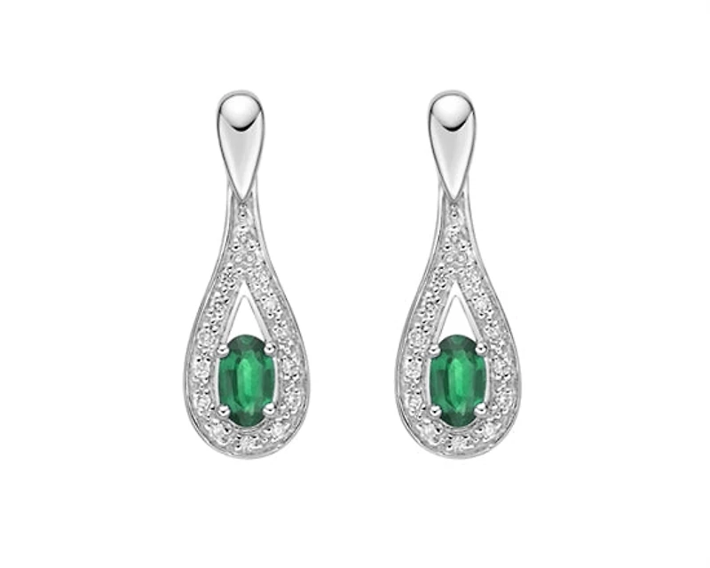 10K White Gold 5x3mm Oval Cut Emerald and 0.115cttw Diamond Dangle Earrings