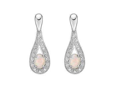 10K White Gold 5x3mm Oval Cut White Opal and 0.115cttw Diamond Dangle Earrings with Butterfly Backings